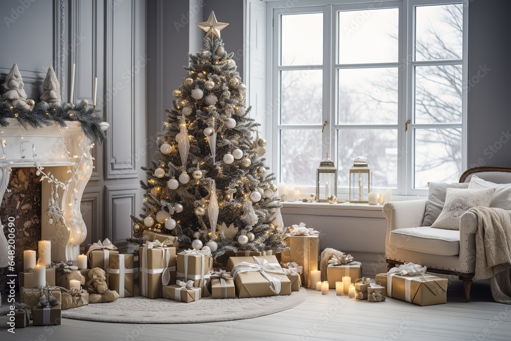 New Year cozy home interior with Christmas tree and garlands