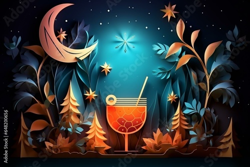 Illustration of night party cocktail in paper craft style. Generative AI