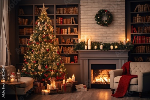 Magical glowing Christmas tree, fireplace, gifts in the dark at night