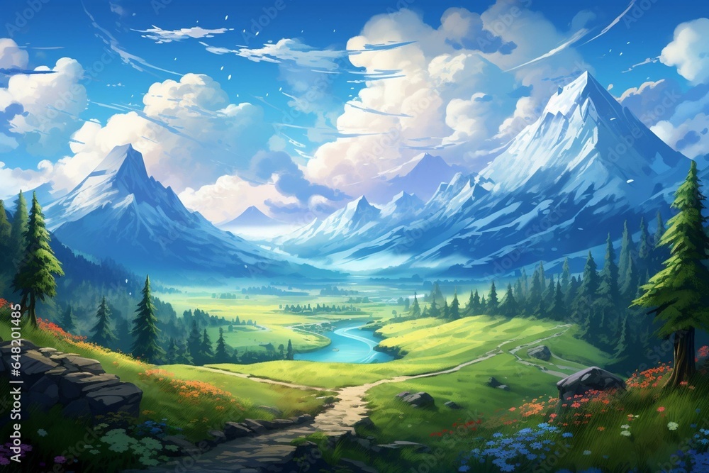 Illustration of a picturesque anime landscape featuring mountains, sky, and a forest path. Generative AI