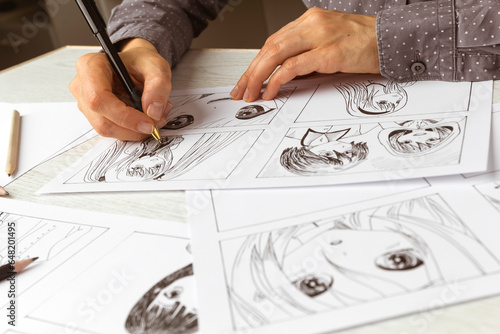 An artist draws a storyboard of an anime comics book. Manga style.	