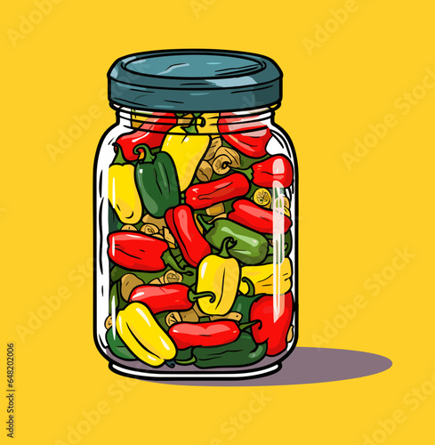 Jar preserved vegetables. Can of pickled pepper. Cartoon canned food in glass. Grocery conserve container