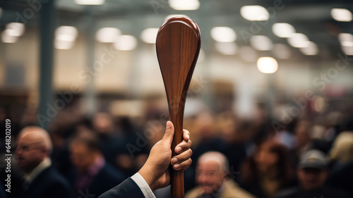 A close-up of a hand holding a numbered paddle at an auction