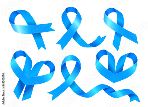 Set of blue ribbons. Prostate Cancer Awareness Month.  Vector illustration isolated on white.