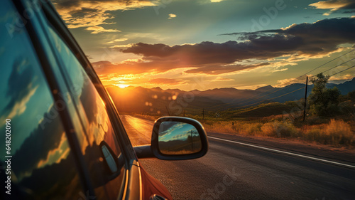 Rearview mirror shot capturing the essence of a road trip, showing an endless road and a beautiful sunset