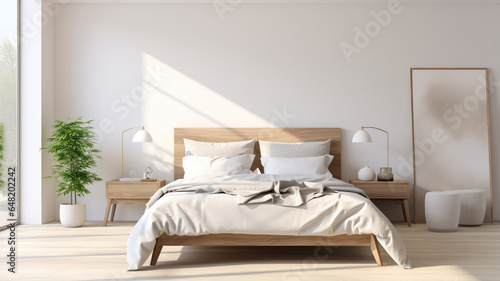 bedroom designed with minimalism in mind  featuring a white duvet and simple wooden furniture