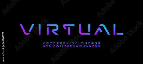 Tech bright font, digital alphabet, Latin letters A, B, C, D, E, F, G, H, I, J, K, L, M, N, O, P, Q, R, S, T, U, V, W, X, Y, Z and Arab numerals 0, 1, 2, 3, 4, 5, 6, 7, 8, 9, vector illustration 10EPS