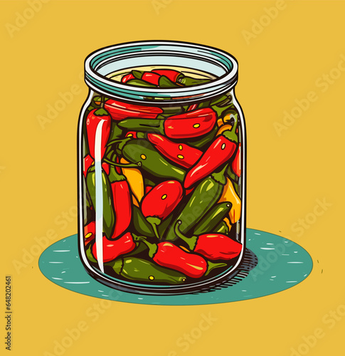 Jar preserved vegetables. Can of pickled pepper. Cartoon canned food in glass. Grocery conserve container