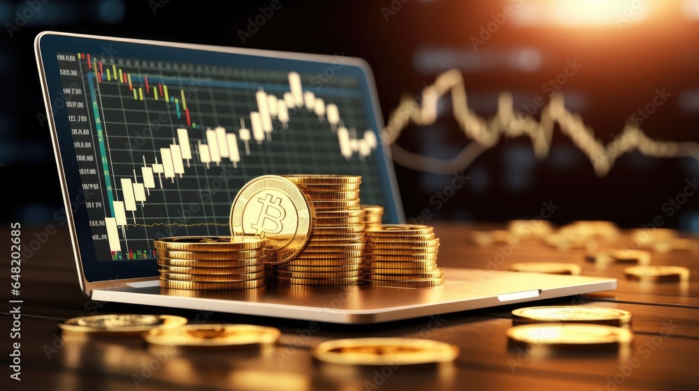 Gold coins and laptop with stock market graph on screen Gold coins and laptop with stock market graph on screen