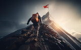 Hiker man heading to mountain top where there is a flag on top