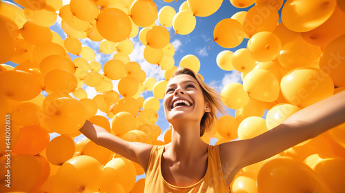 Smiling woman enjoying the release of thousands of orange balloons towards the sky in celebration concept photo