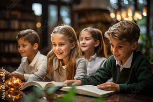 Children gather in a library to read and study, highlighting the importance of lifelong learning and intellectual engagement in daily life. Generative Ai.