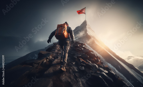 Hiker man heading to mountain top where there is a flag on top © IBEX.Media