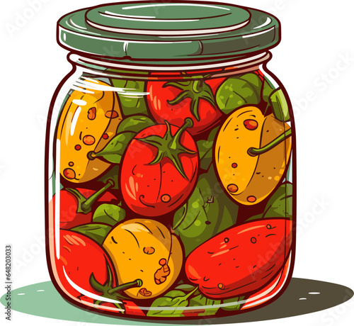 Jar preserved vegetables. Can of pickled tomatoes and pepper. Cartoon canned food in glass. Grocery conserve container