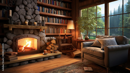 Peaceful cabin interior featuring a cozy fireplace  a stack of books  and a plush armchair