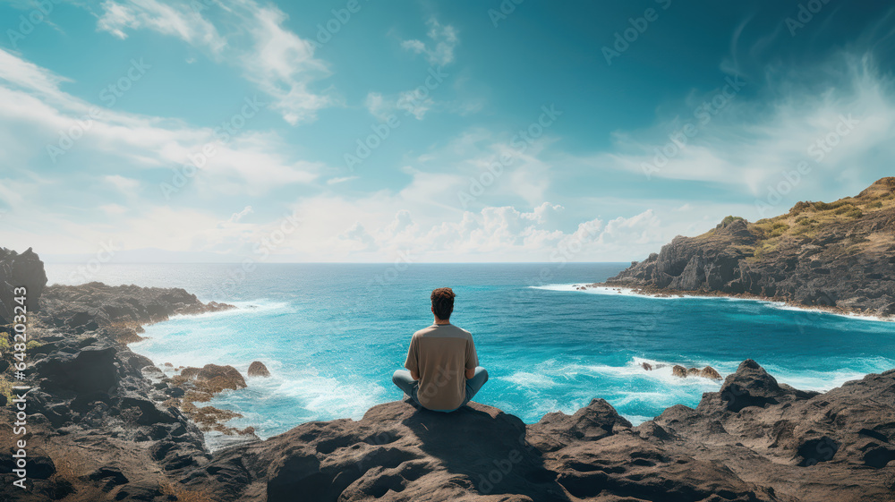 Solo traveler sitting on a cliff overlooking the ocean, capturing the solitude and beauty of solo travel