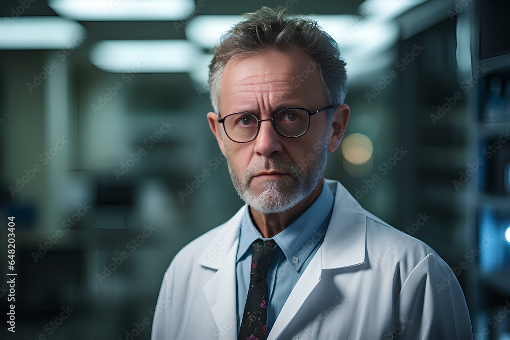 Man doctor in a white coat against the background of the hospital. Generative AI. Man doctor in a white coat against the background of the hospital. Generative AI.