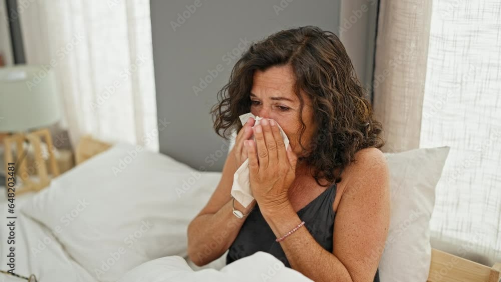 Middle age hispanic woman sitting on bed being sick sneezing at bedroom Middle age hispanic woman sitting on bed being sick sneezing at bedroom