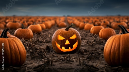 Halloween Jack-o'-lantern in a field with pumpkins, spooky and scary mood, Trick or treat, October, autumn