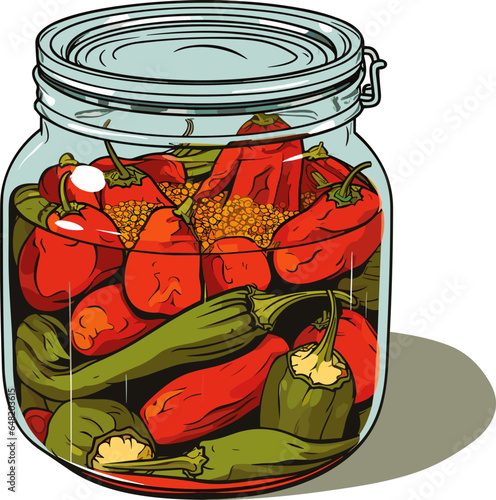 Jar preserved vegetables. Can of pickled tomatoes and pepper. Cartoon canned food in glass. Grocery conserve container