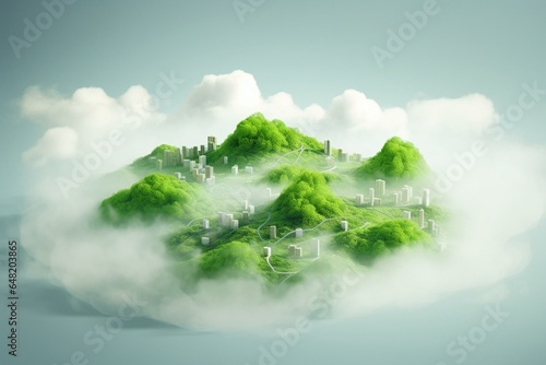 Environmentally sustainable strategy to achieve net zero emissions by 2050, utilizing a cloud of mist in a green figure. Generative AI © Maxim