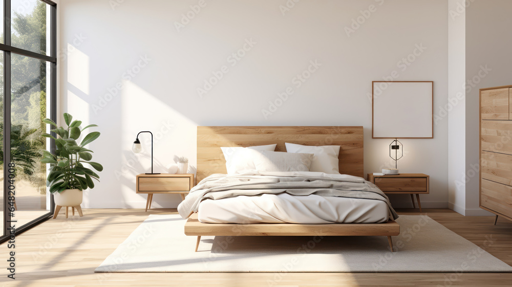 bedroom designed with minimalism in mind, featuring a white duvet and simple wooden furniture