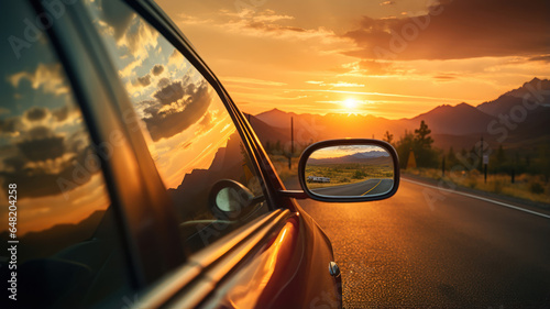 Rearview mirror shot capturing the essence of a road trip, showing an endless road and a beautiful sunset photo