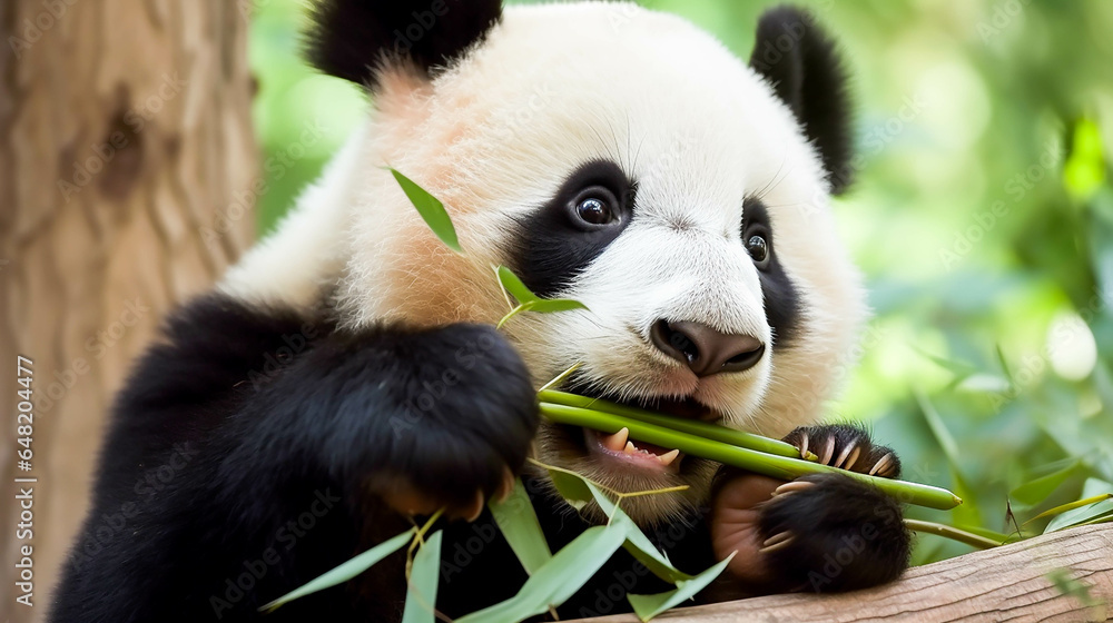 Naklejka premium A tiny baby panda, its eyes sparkling with innocence, contentedly nibbles on fresh green bamboo shoots amidst the lush tranquility of the verdant forest.ai generate.