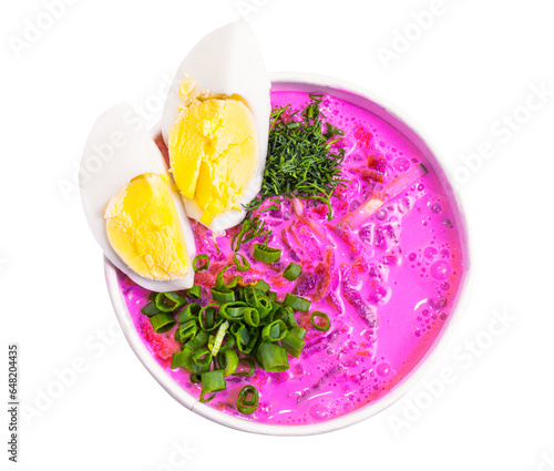Cold Beet Soup Holodnik. one of the traditional dishes of Belarusian cuisine. Soup made on the basis of kefir with beetroot. Top view. Beetroot soup and cut boiled egg with spring onions. Png photo