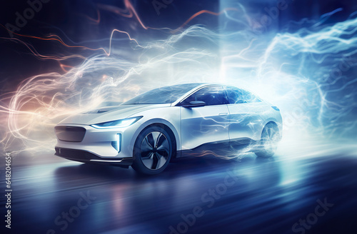 futuristic electric car concept and showroom  sci fi vehicle concept  luxury automobile with creative design  generative AI