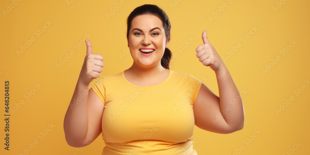 Happy chubby overweight plus size big fat fit woman wear yellow top show thumb up like gesture isolated on plain yellow background, generative ai Happy chubby overweight plus size big fat fit woman wear yellow top show thumb up like gesture isolated on plain yellow background, generative ai