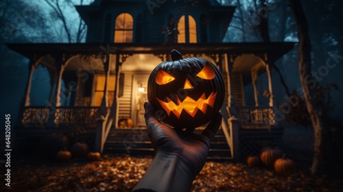 Halloween Jack-o'-lantern held by a hand, spooky and scary house in background, Trick or treat, October, autumn