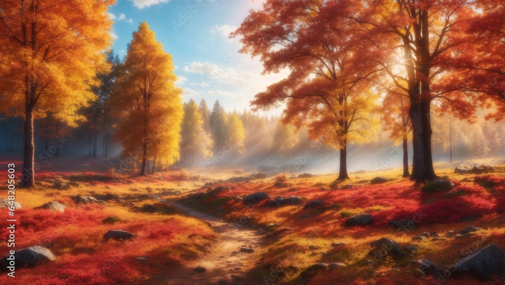 Autumn nature landscape of colorful forest in morning sunlight with beautiful view hd high resolution.