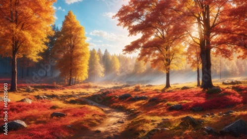 Autumn nature landscape of colorful forest in morning sunlight with beautiful view hd high resolution. © asma