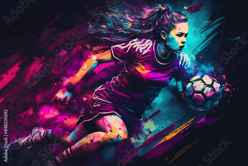 Obraz na plátně Female footballer in a neon watercolor sketch