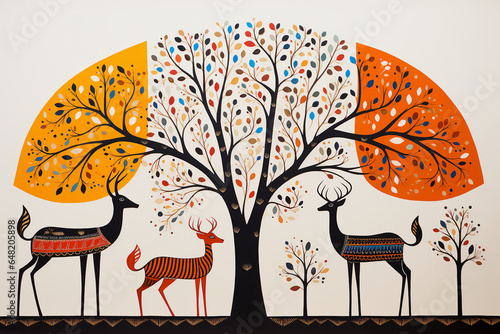 Two deer standing in the whimsical wood, combination of Gond, Madhubani and Aboriginal spot painting, minimalism, stylized. photo
