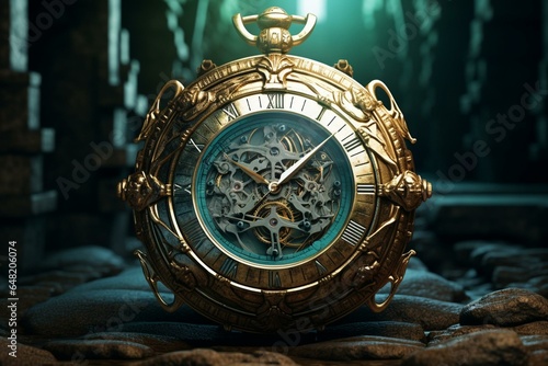 Metallic timepiece on rustic surface, 3D illustration, fantasy inspired. Generative AI