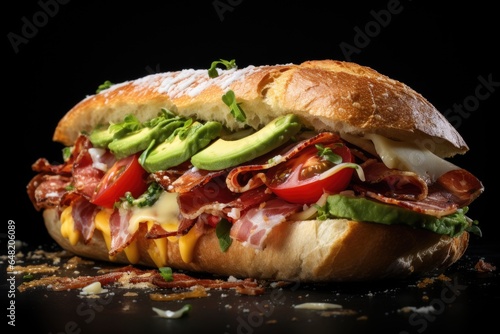 French Baguette Sandwich with bacon, tomato, avocado, eggs, basil and cucumber.