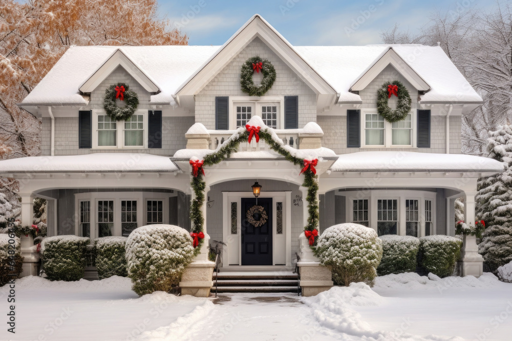Traditional american residential house with festive garlands lights and Christmas decorations. Suburban neighborhood at winter holidays season. House facade at snowy street on Christmas eve