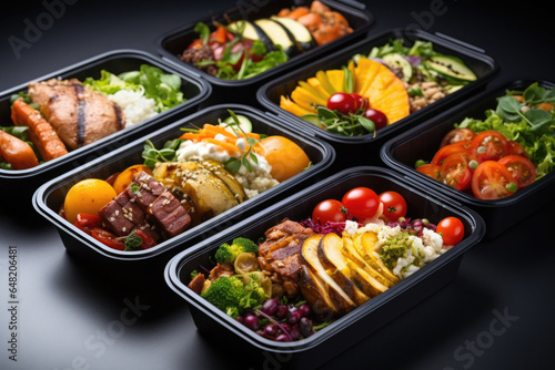 Prepared food for healthy nutrition in lunch boxes. Catering service for balanced diet. Takeaway food delivery in restaurant. Containers with everyday meals