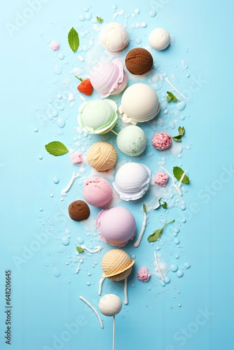 Flying ice cream balls and ingredients on pastel light blue background, Generative AI 