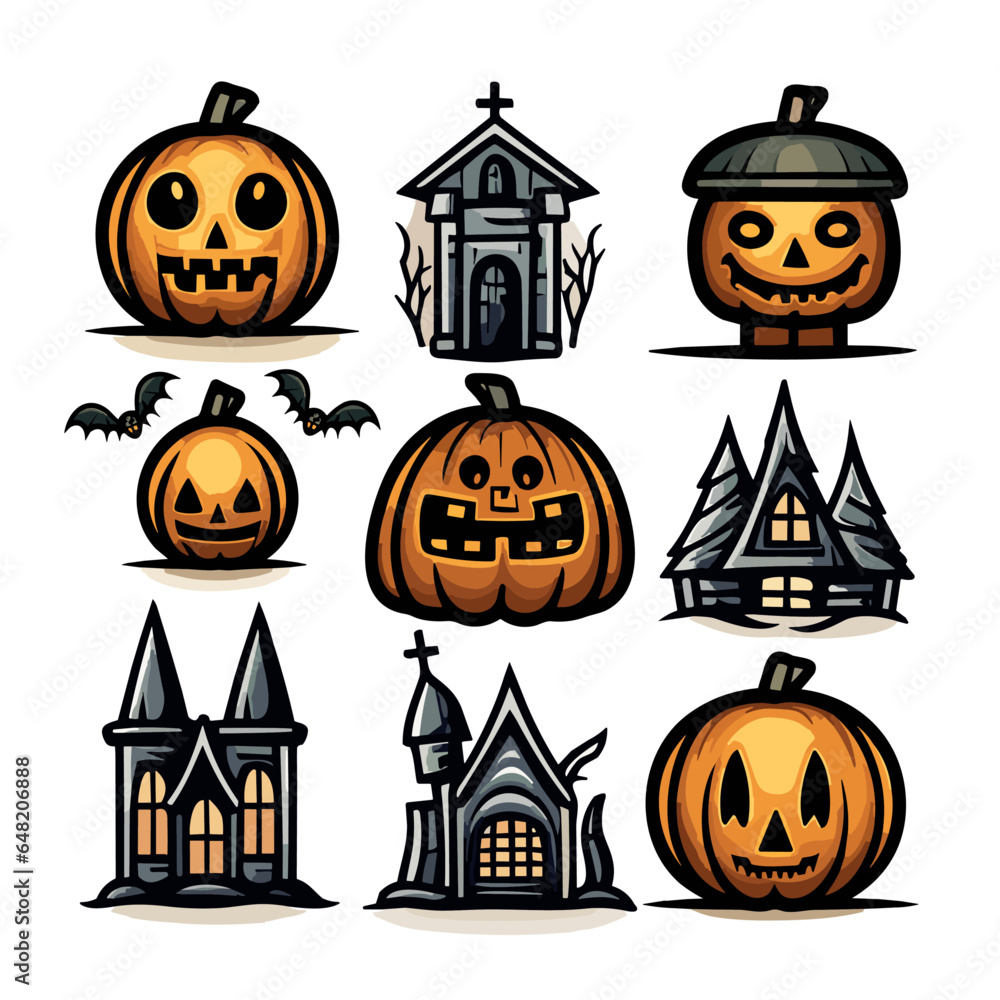 Conjunto de iconos alusivos al día de brujas o halloween, personajes de calabazas sonrientes, murciélagos, iglesias, criptas o sepulturas, vectores bonitos. Conjunto de iconos alusivos al día de brujas o halloween, personajes de calabazas sonrientes, murciélagos, iglesias, criptas o sepulturas, vectores bonitos.