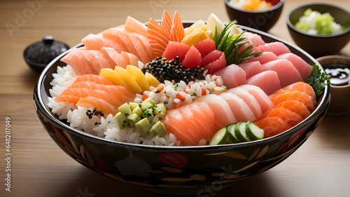 Chirashi Sushi : A bowl of vinegared rice topped with a colorful assortment of sashimi, vegetables, and other ingredients. It's often served in a decorative manner.