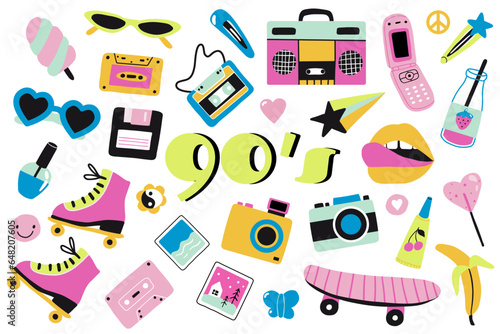 Retro set of 80s 90s icons in modern flat style