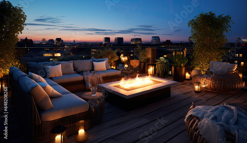 Roof terrace of a beautiful house with night-time view of the city. View over contemporary outdoor terrace with outdoor string lights and lanterns. digital ai