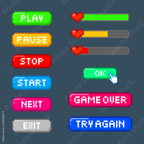 Game button pixel art with cursor hand clicking, Heart blood bar game pixel art.