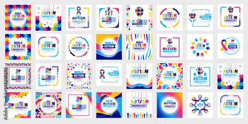 big mega set of World autism awareness day typography sticker or social media post banner design template bundle celebrated in 2 April. use to background, banner, card, greeting card, poster, placard