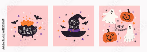 Happy Halloween. Set of cute vector cartoon cards with Halloween characters, ghost, bat, pumpkin, Witch hat and cauldron. Trendy design for ads, greetings, banner, poster, cover.