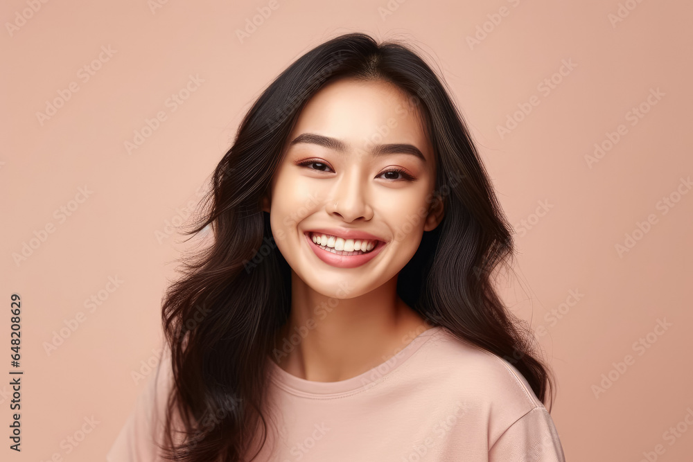 A portrait of a stunning Asian woman with a bright, genuine smile, against a soft, pastel-colored background. The lighting is soft and diffused, casting a gentle glow on her face. Generative AI, AI. A portrait of a stunning Asian woman with a bright, genuine smile, against a soft, pastel-colored background. The lighting is soft and diffused, casting a gentle glow on her face. Generative AI, AI.