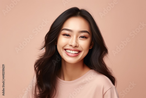 A portrait of a stunning Asian woman with a bright  genuine smile  against a soft  pastel-colored background. The lighting is soft and diffused  casting a gentle glow on her face.  Generative AI  AI.